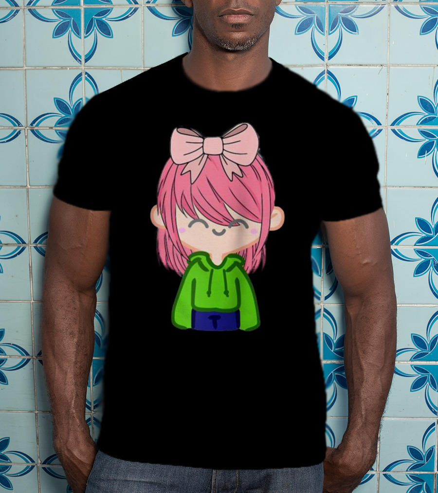Alli Cat Pink Hair Girl Green Hoodie Bow Raglan Baseball T-Shirt