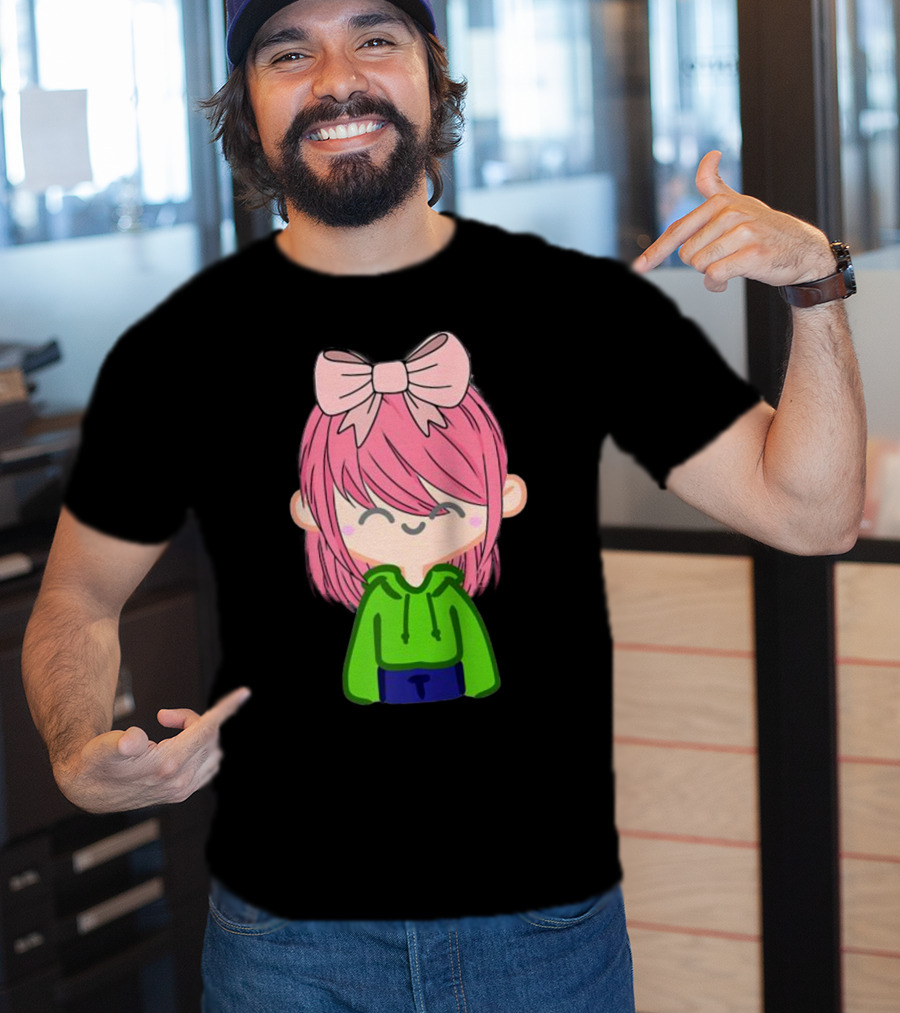 Alli Cat Pink Hair Girl Green Hoodie Bow Raglan Baseball T-Shirt