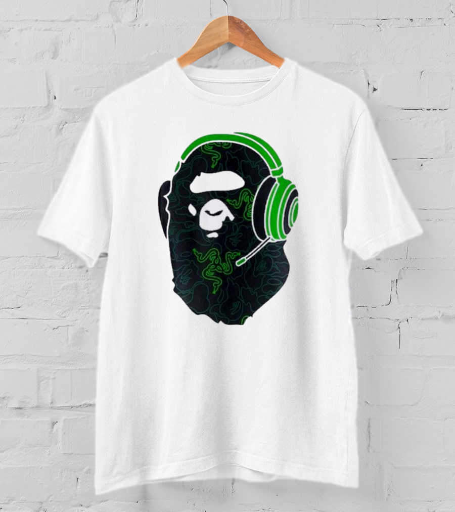 Bape X Razer Neon Camo Ape Head With Green Gaming Headset T-Shirt