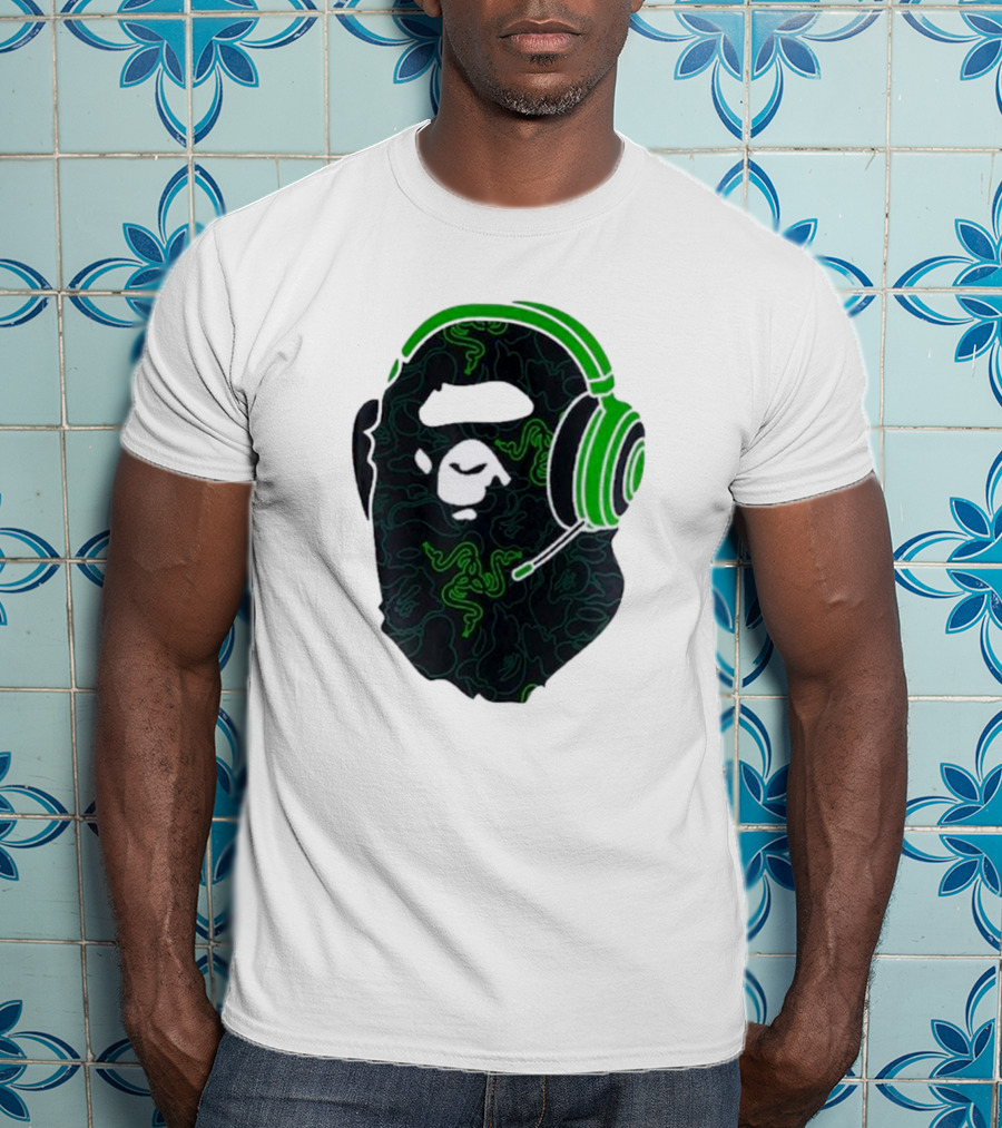 Bape X Razer Neon Camo Ape Head With Green Gaming Headset T-Shirt