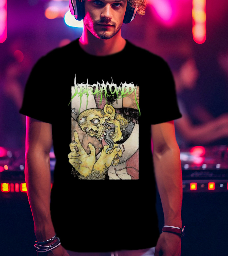 Job For A Cowboy Priest Zombie Graphic With Cross And Rosary T-Shirt