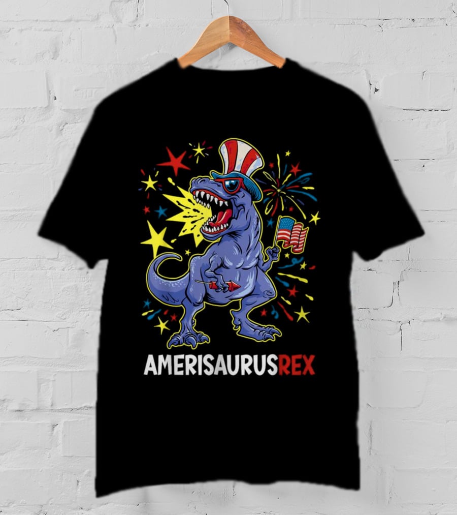 Amerisaurus Rex Patriotic Dinosaur With American Flag And Fireworks Hat T-Shirt