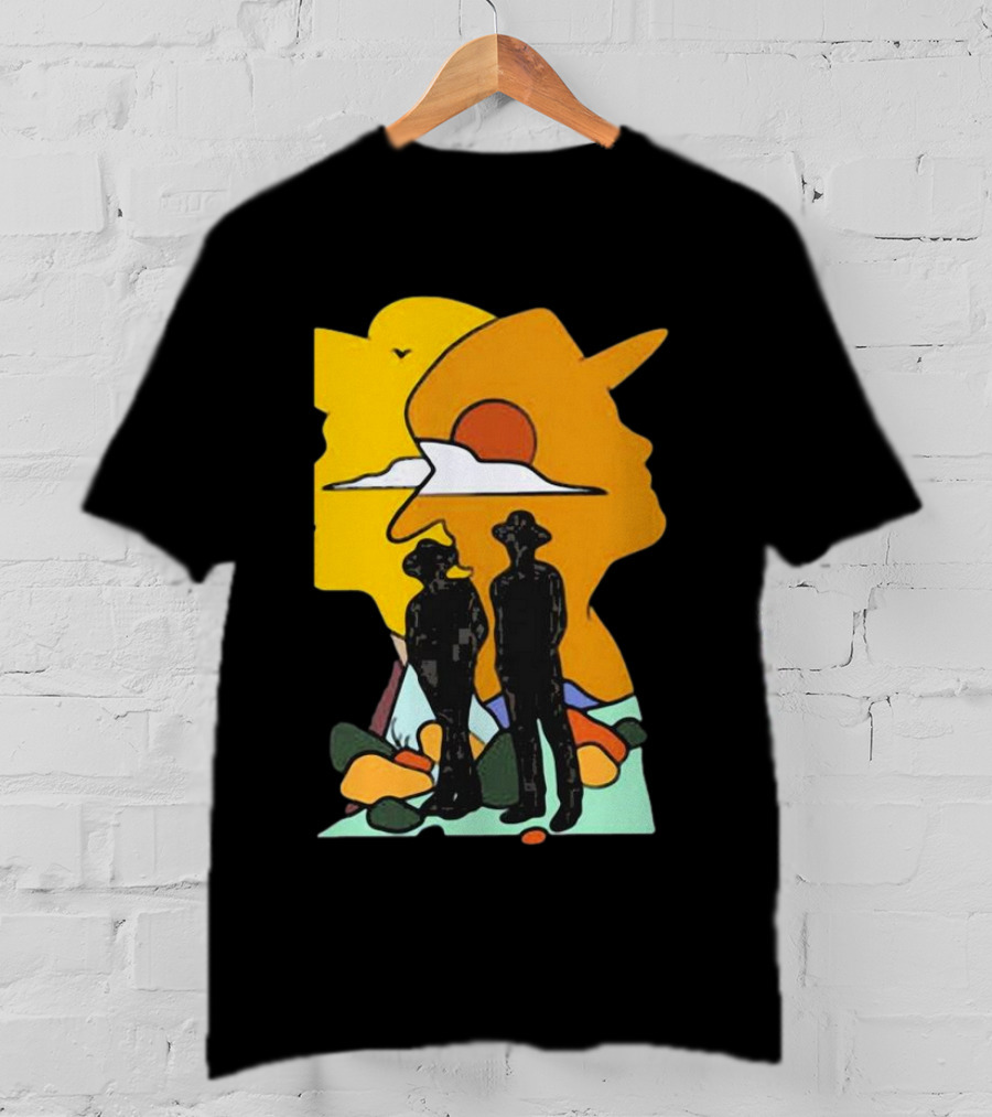 Custom Radio Company Cowboy Silhouettes Against Sunset And Mountains T-Shirt