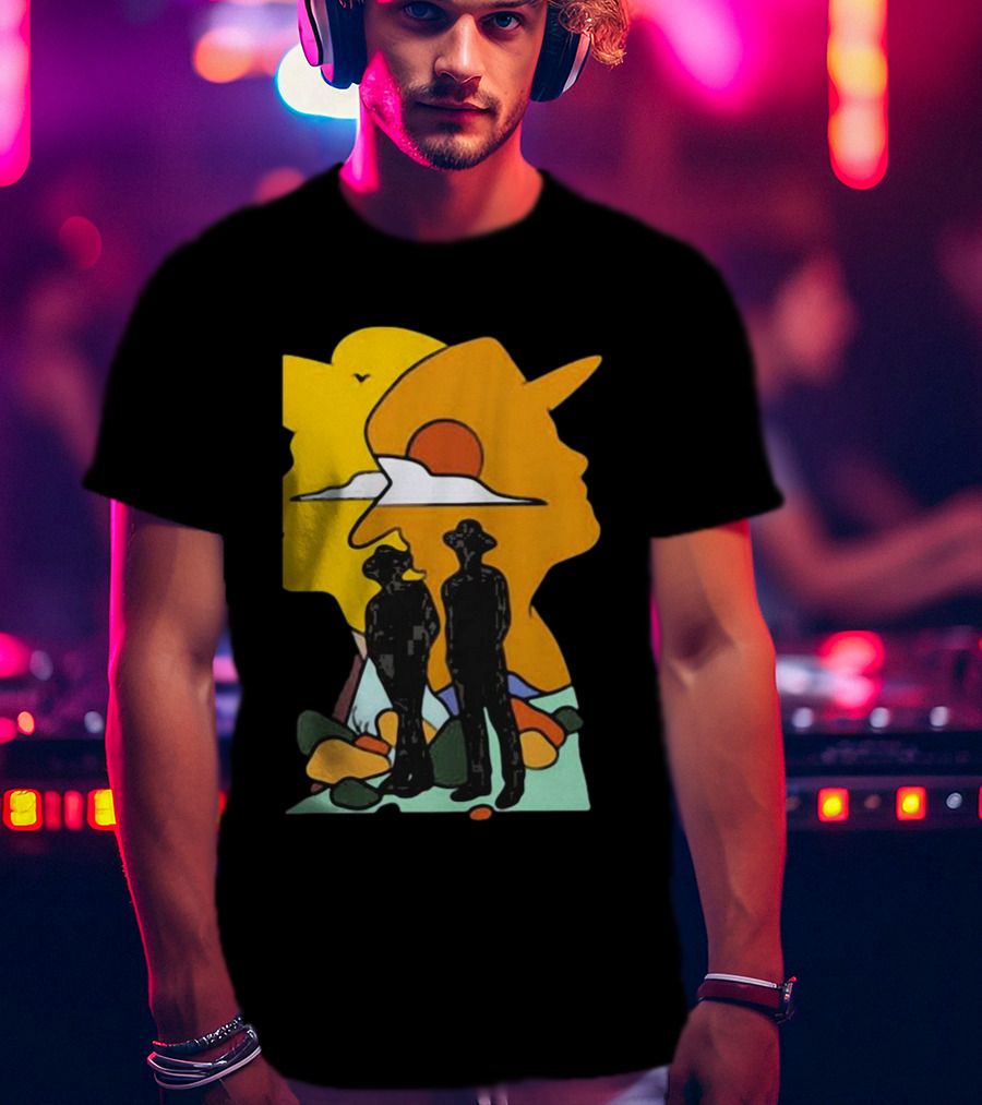 Custom Radio Company Cowboy Silhouettes Against Sunset And Mountains T-Shirt