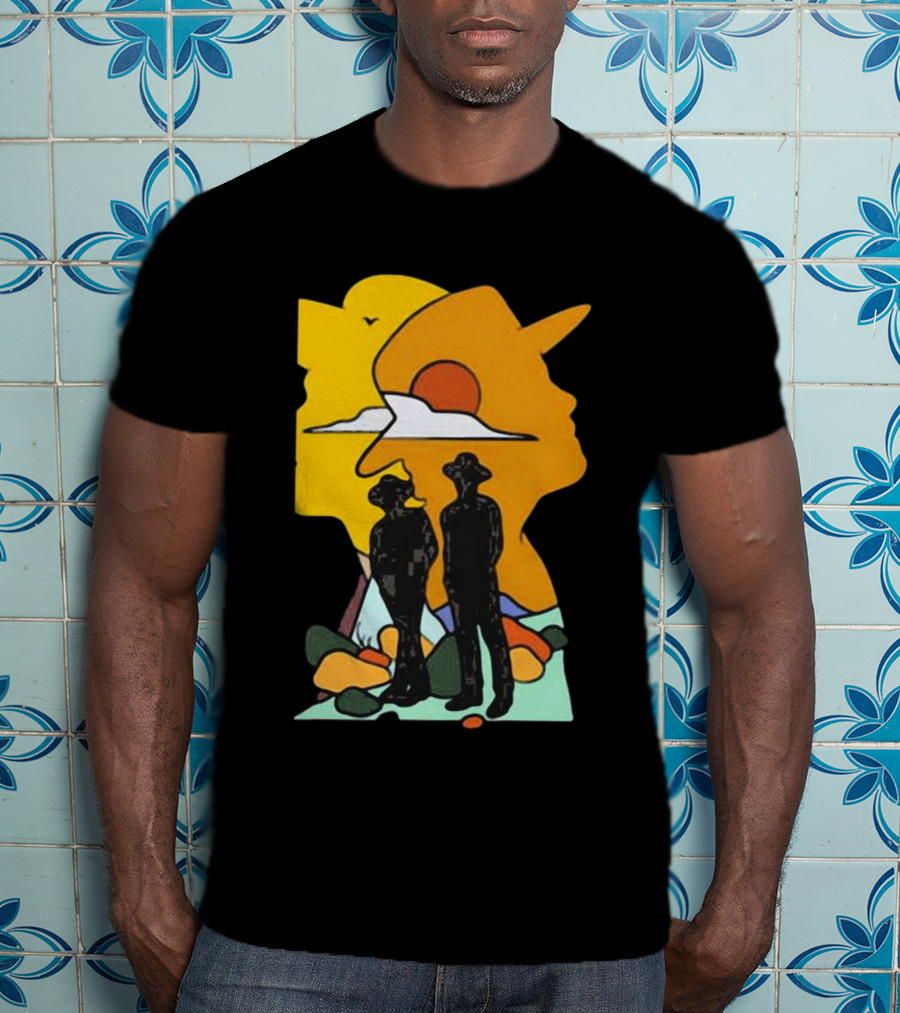 Custom Radio Company Cowboy Silhouettes Against Sunset And Mountains T-Shirt