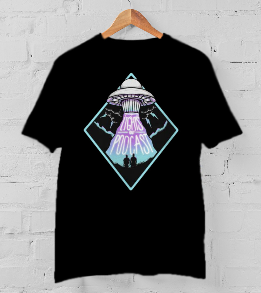 Lights Out Podcast UFO Design With Silhouette And Lightning T-Shirt