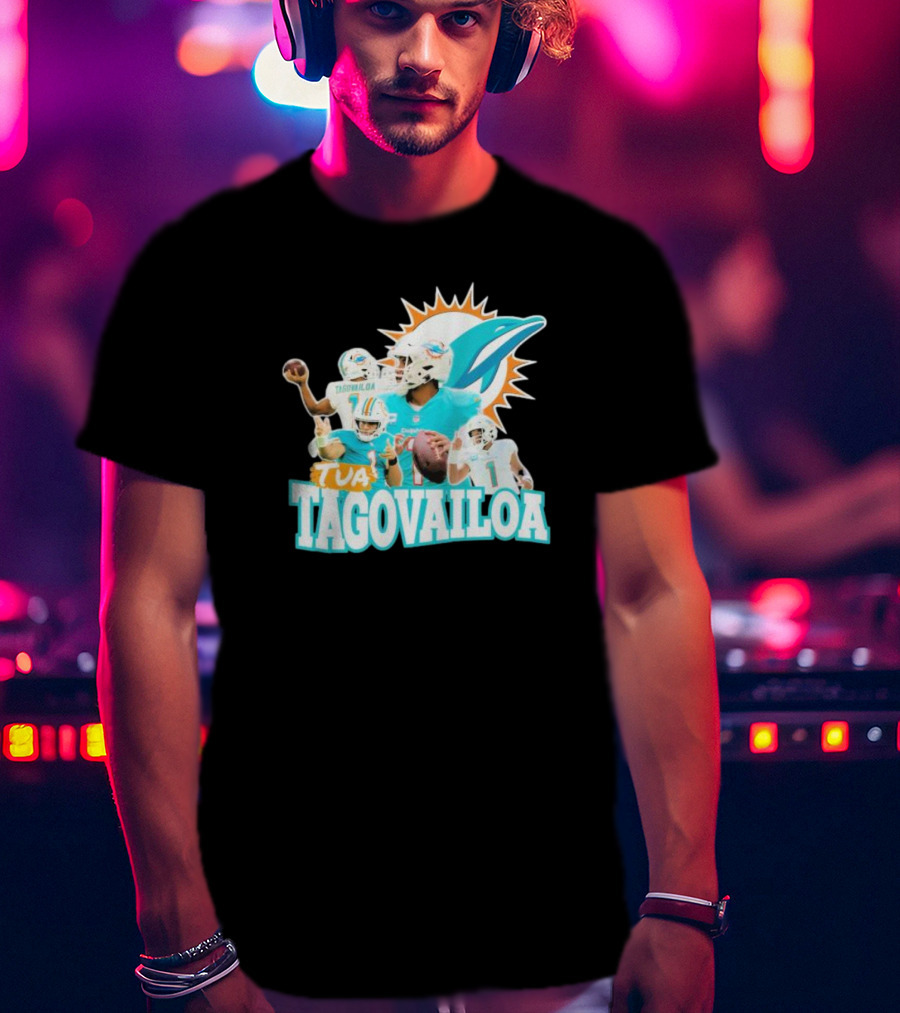 Miami Dolphins Tua Tagovailoa Football Action Collage T-Shirt