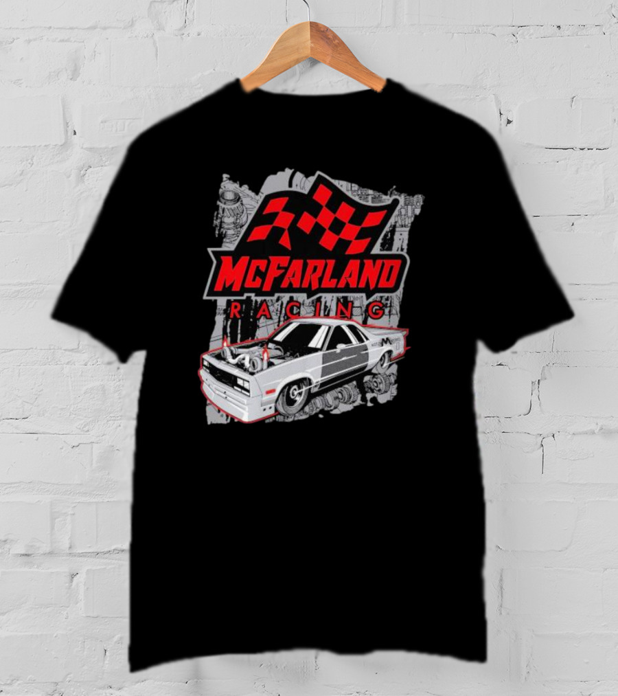 McFarland Racing Cleetus Mullet Turbocharged Car And Checkered Flag T-Shirt