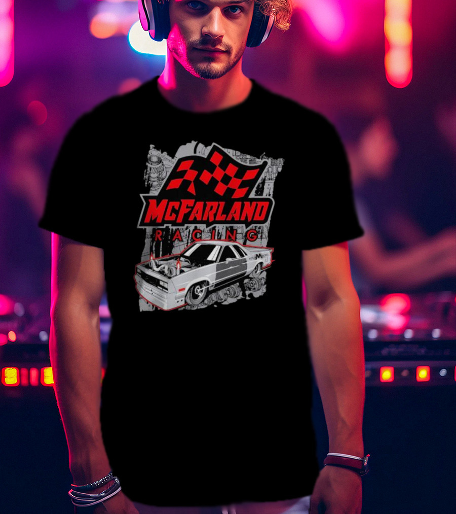 McFarland Racing Cleetus Mullet Turbocharged Car And Checkered Flag T-Shirt