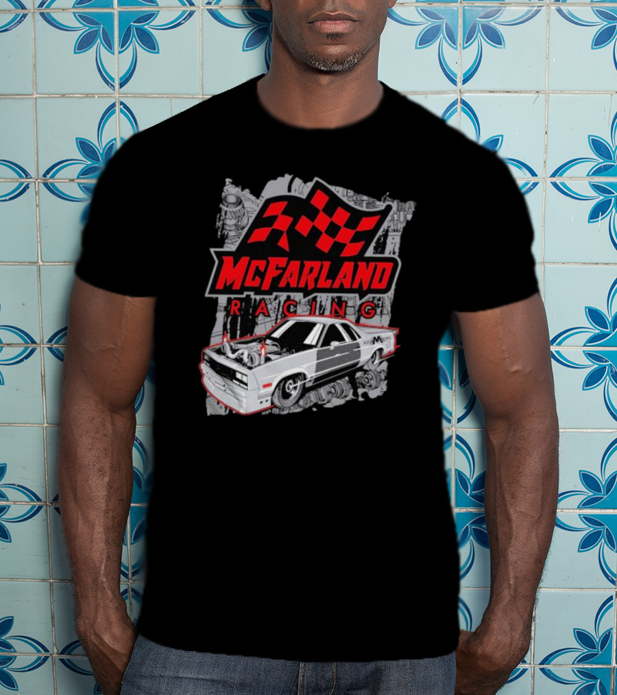 McFarland Racing Cleetus Mullet Turbocharged Car And Checkered Flag T-Shirt