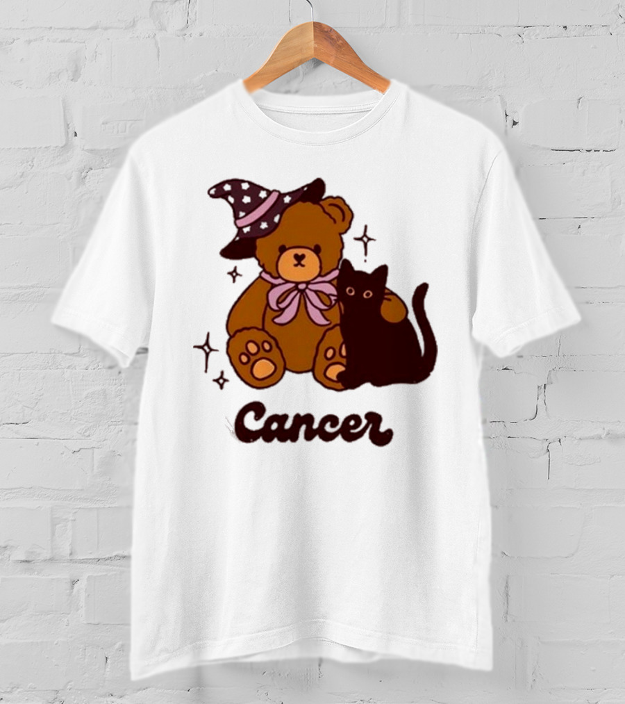Cancer Teddy Bear With Witch Hat And Black Cat T-Shirt