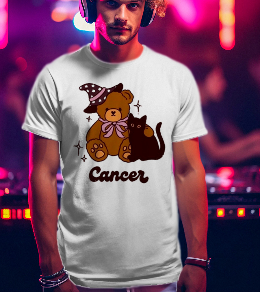 Cancer Teddy Bear With Witch Hat And Black Cat T-Shirt