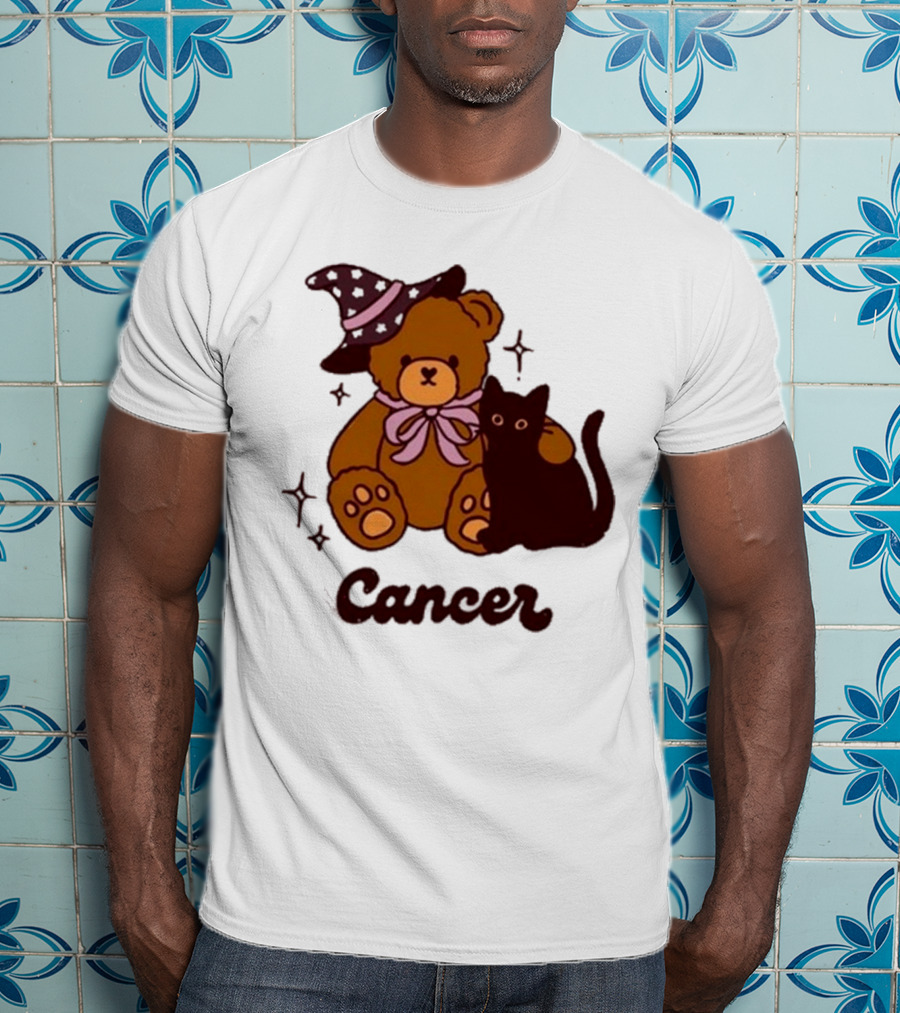 Cancer Teddy Bear With Witch Hat And Black Cat T-Shirt