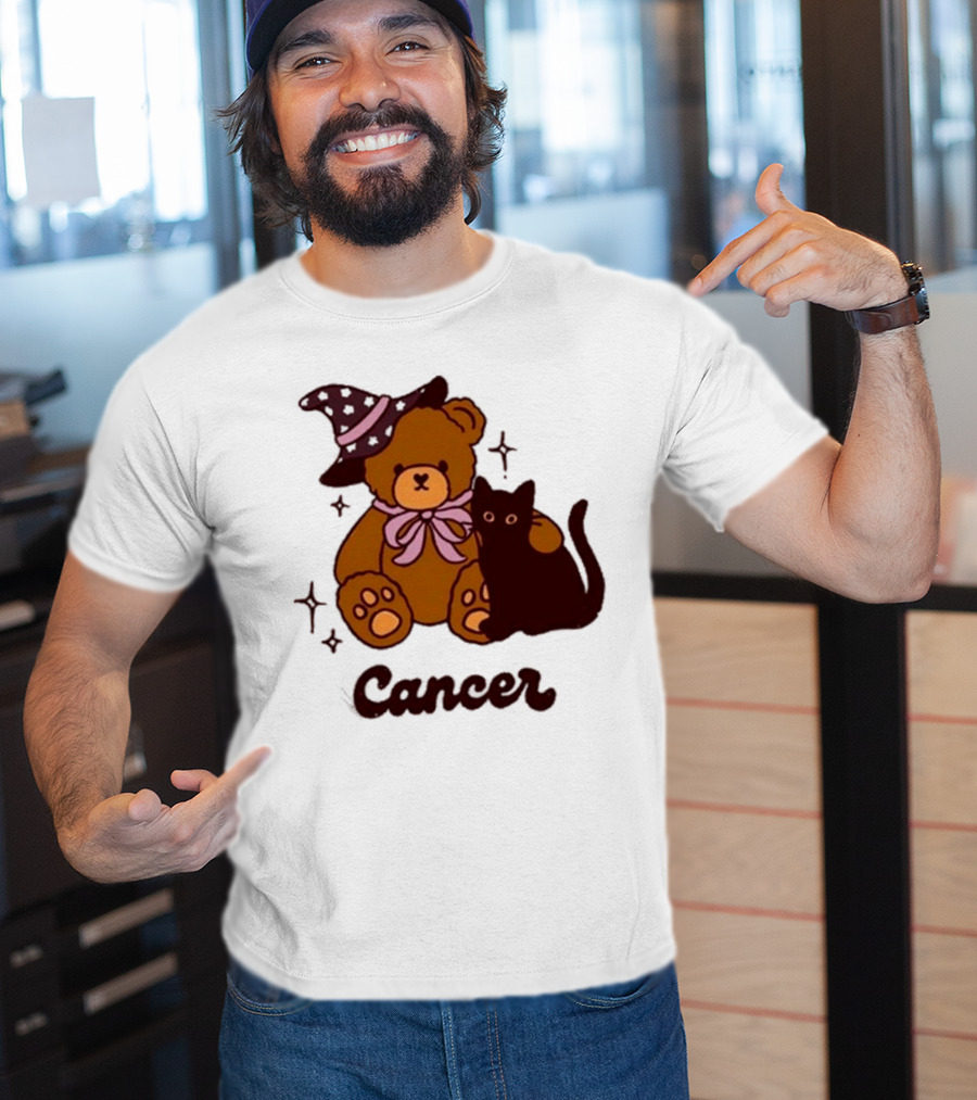 Cancer Teddy Bear With Witch Hat And Black Cat T-Shirt