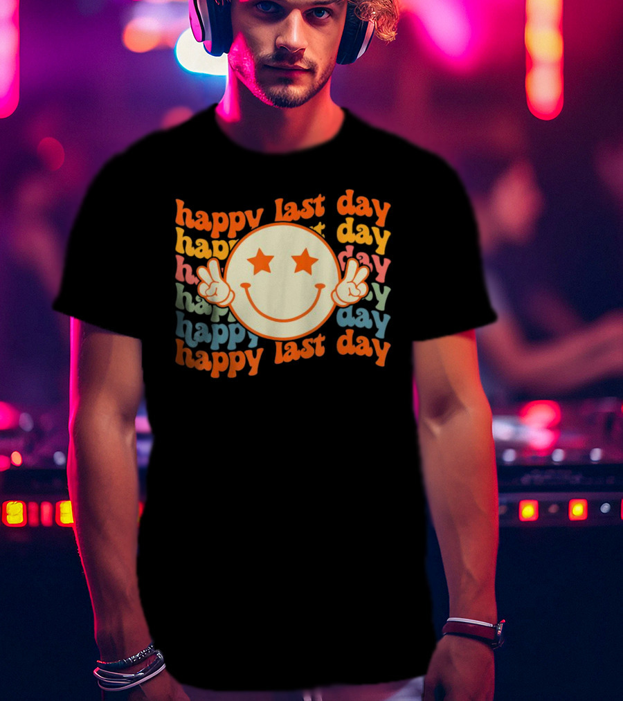 Groovy Happy Last Day Smile Face Peace Sign Teacher Student T-Shirt