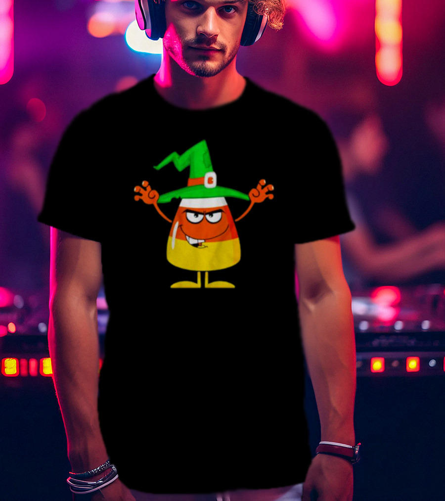 Candy Corn Witch Halloween Character With Green Hat T-Shirt