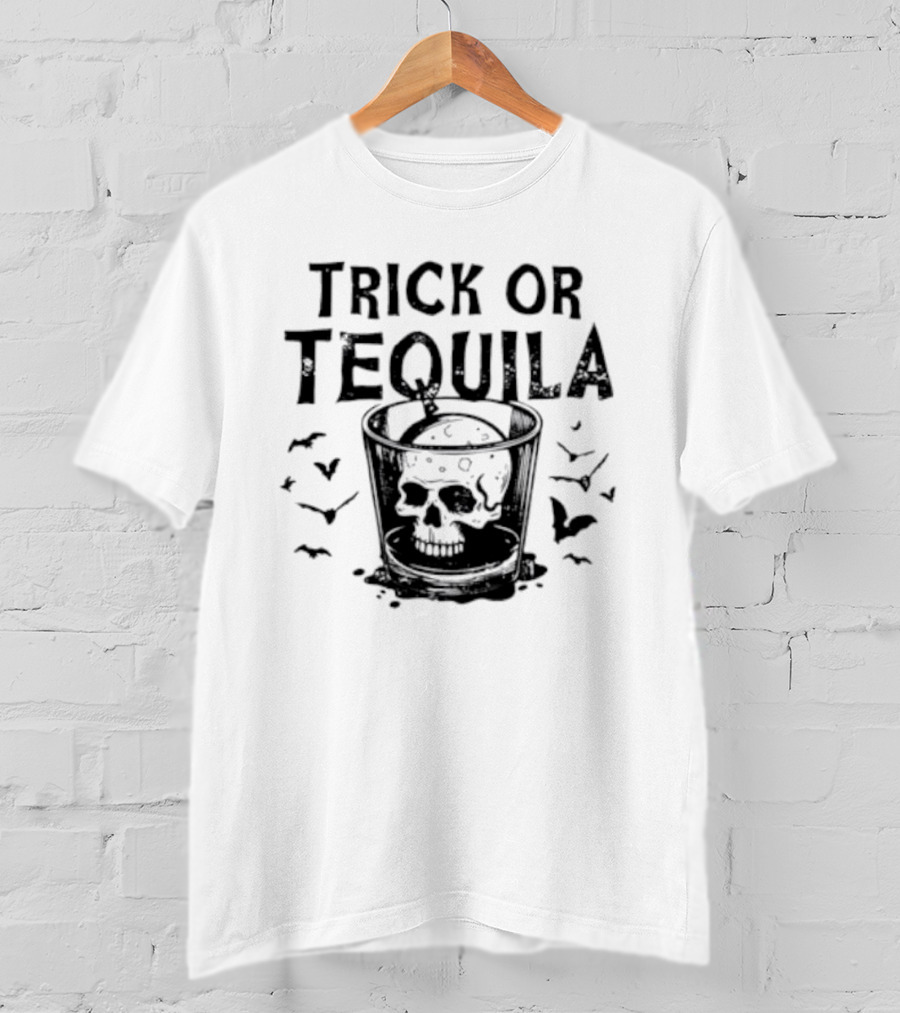 Trick Or Tequila Skull Glass With Bats T-Shirt