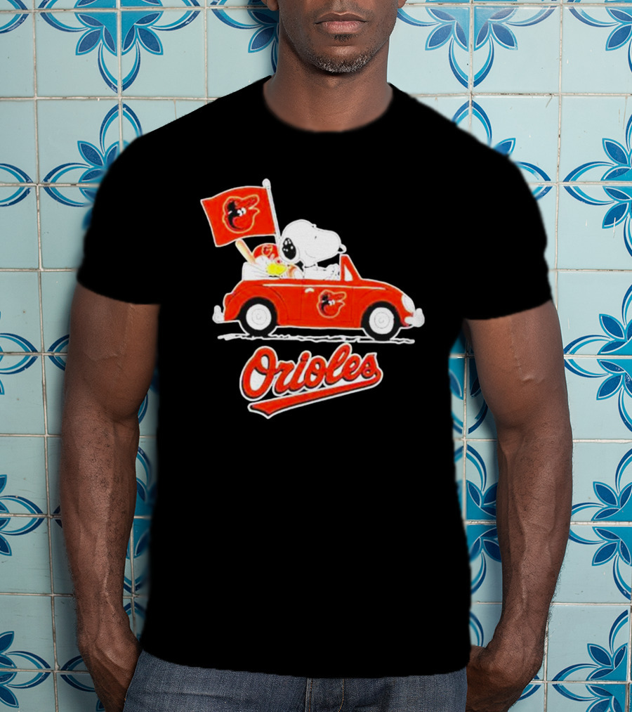 Snoopy Driving Red Car With Baltimore Orioles Flag And Orioles Text T-Shirt