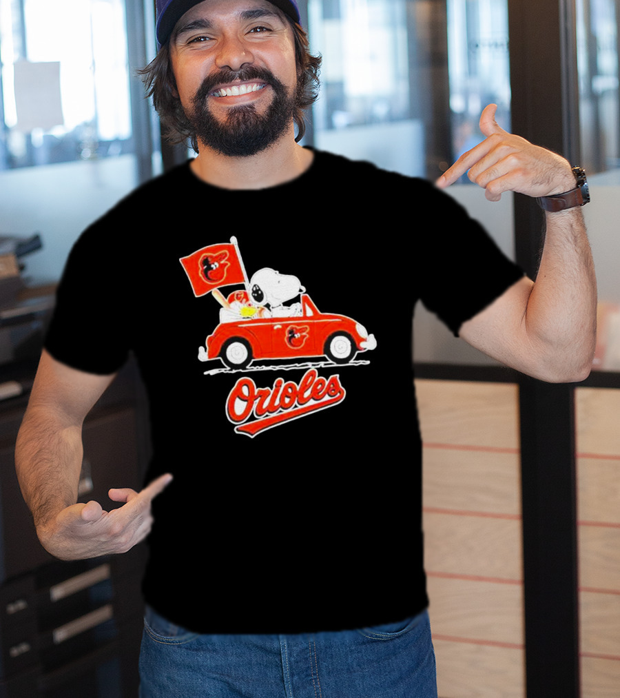 Snoopy Driving Red Car With Baltimore Orioles Flag And Orioles Text T-Shirt