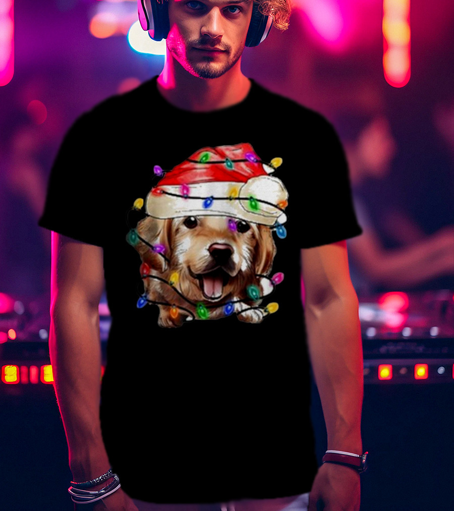 Christmas Lights Dog Lover Santa Hat Raglan T-Shirt