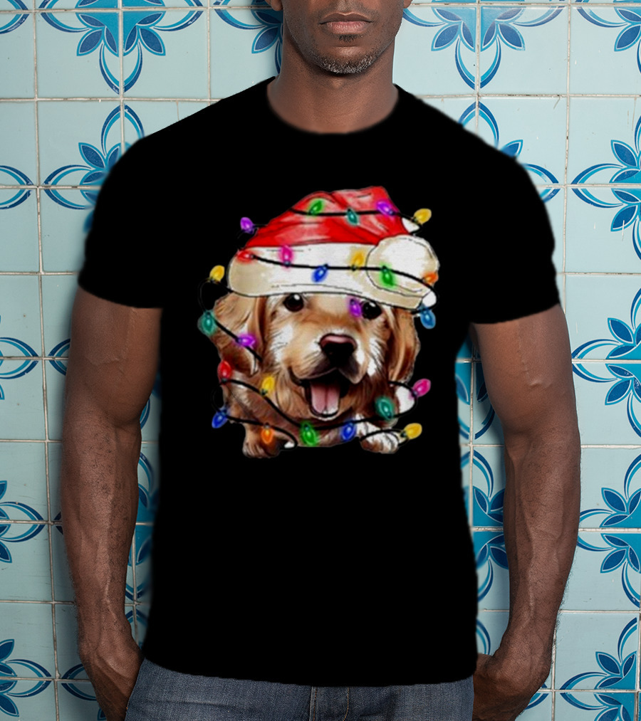 Christmas Lights Dog Lover Santa Hat Raglan T-Shirt