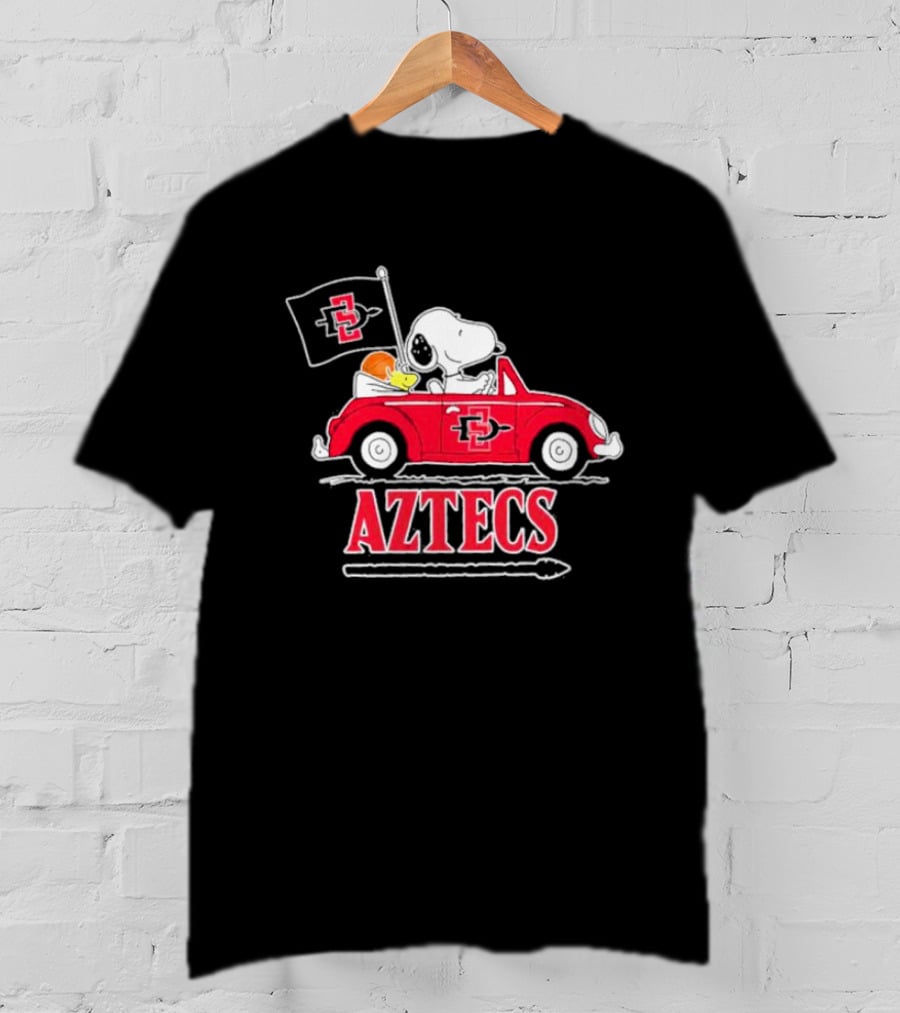 Snoopy And Woodstock Riding In Red Car With Aztecs Flag T-Shirt