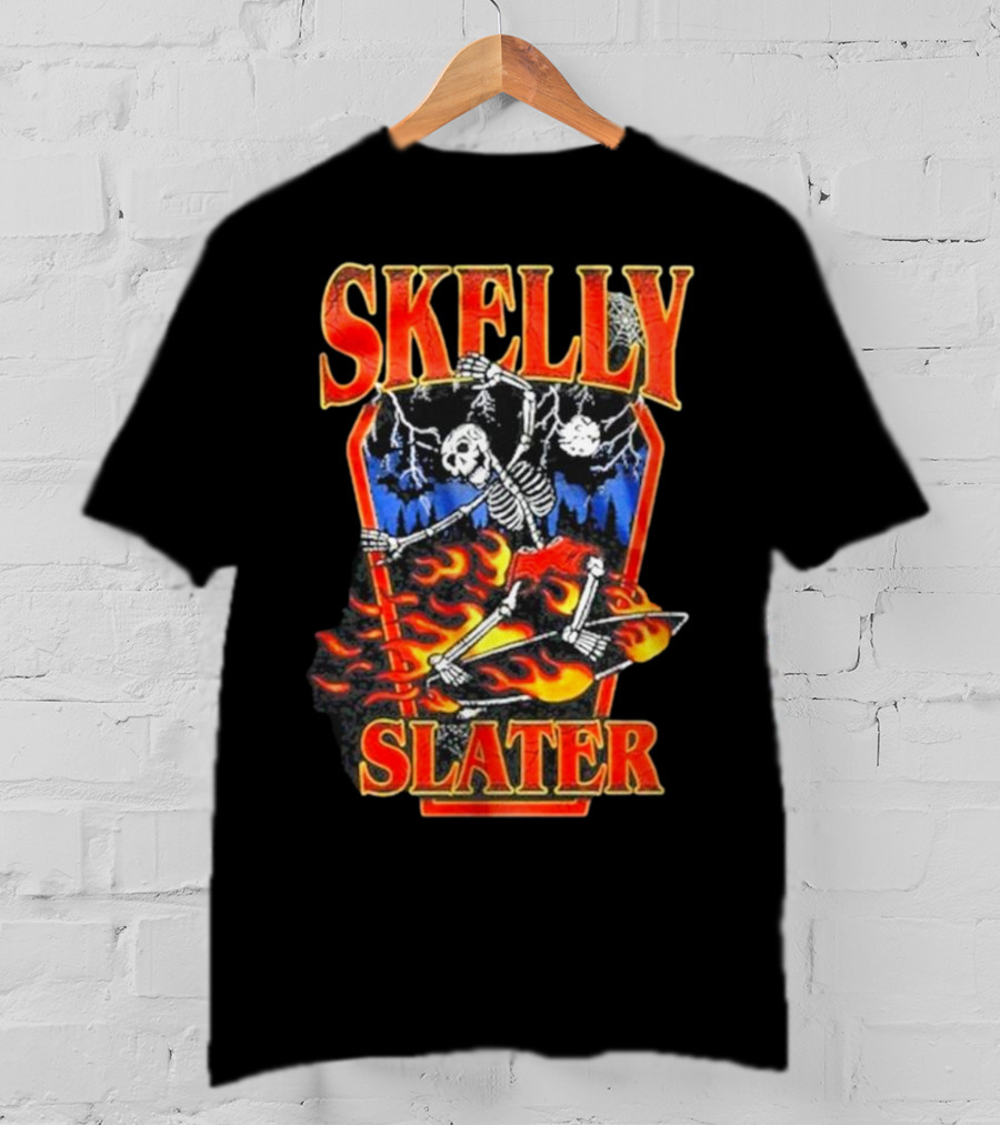 Skelly Slater Skeleton Skateboarding With Flames And Coffin Background T-Shirt