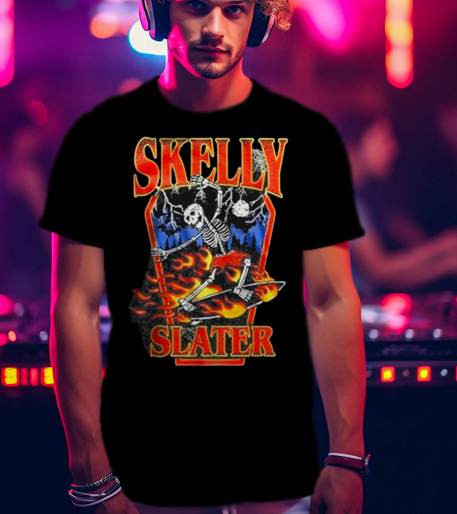 Skelly Slater Skeleton Skateboarding With Flames And Coffin Background T-Shirt