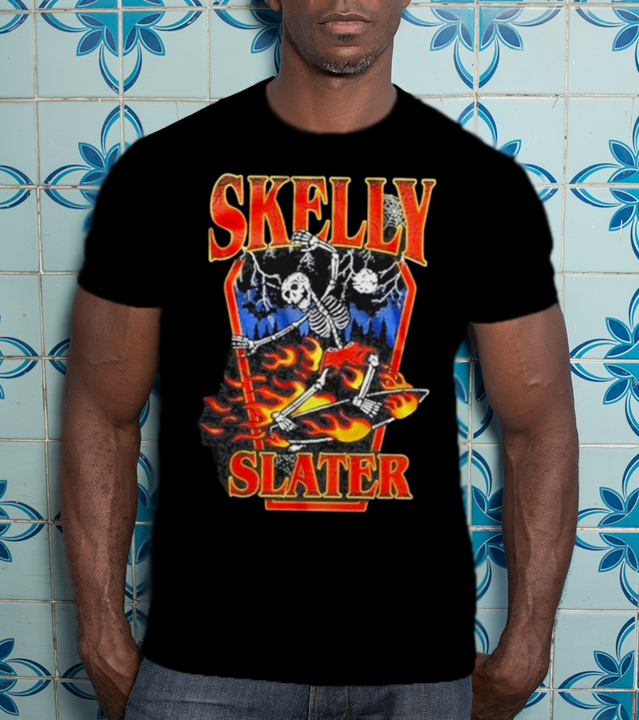 Skelly Slater Skeleton Skateboarding With Flames And Coffin Background T-Shirt