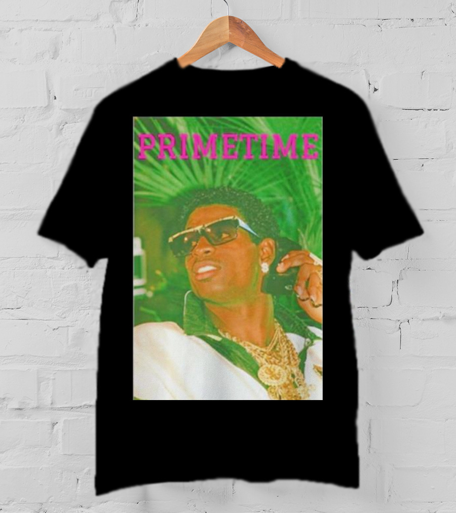 PRIMETIME Deion Sanders Sunglasses Gold Chains Retro Vibe T-Shirt
