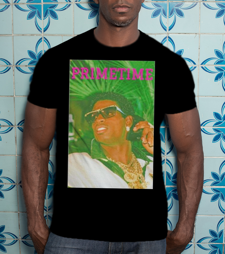 PRIMETIME Deion Sanders Sunglasses Gold Chains Retro Vibe T-Shirt