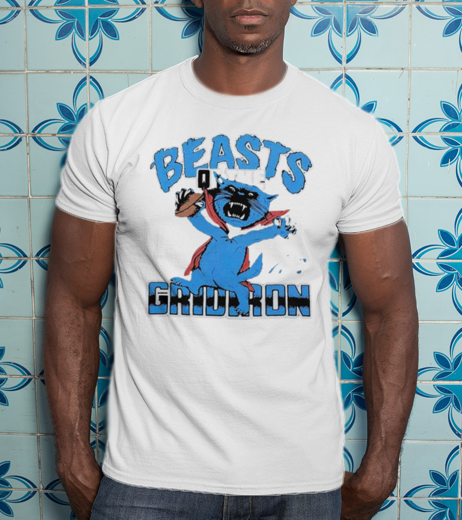 Carolina Panthers Beasts Of The Gridiron Football Feline Roaring With Ball T-Shirt