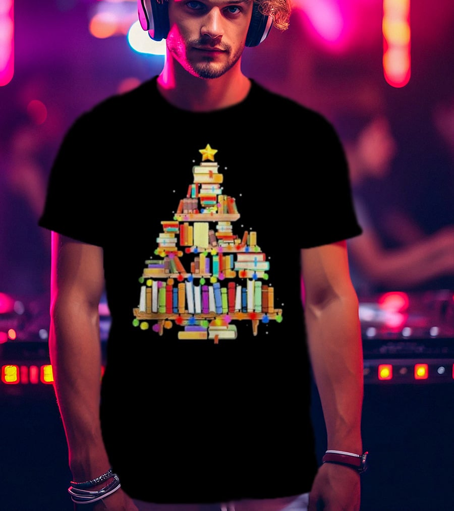 Christmas Tree Made Of Stacked Colorful Books With Star And Lights T-Shirt