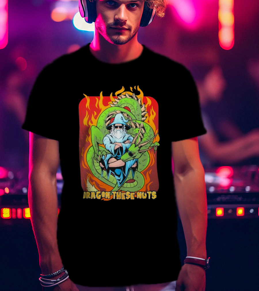 Dragon These Nuts Wizard With Green Dragon And Flames T-Shirt