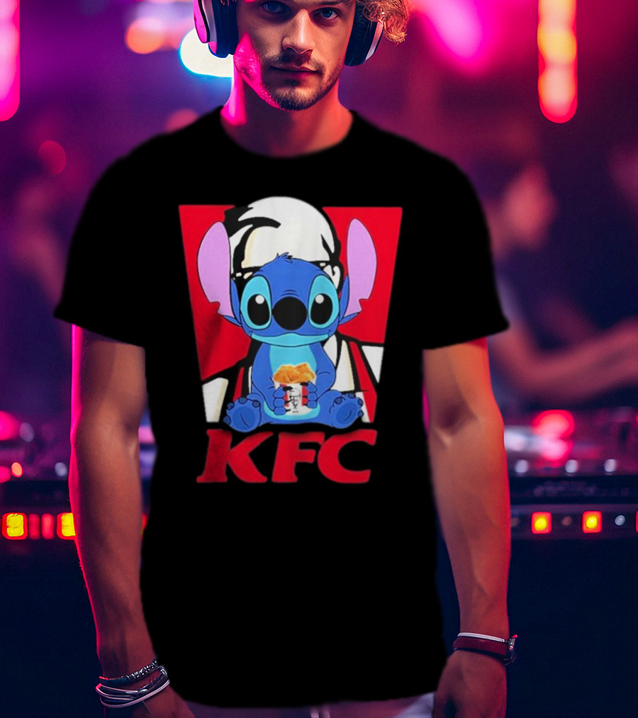 Stitch Eating KFC With Logo Background T-Shirt