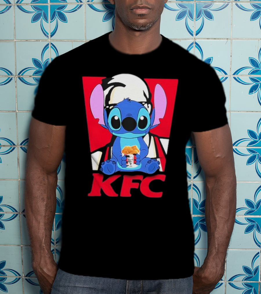 Stitch Eating KFC With Logo Background T-Shirt