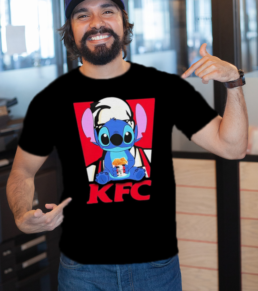 Stitch Eating KFC With Logo Background T-Shirt