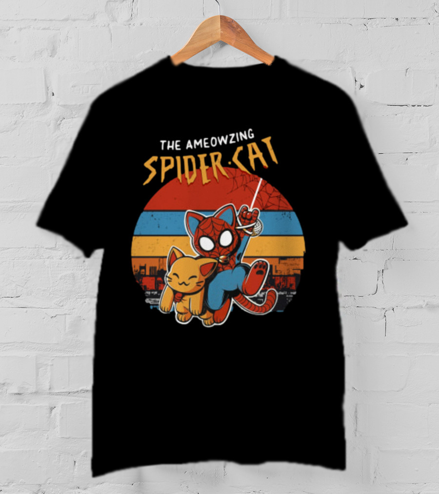 The Ameozing Spider Cat Retro Style Graphic With Web-Slinging Cat Superhero And Orange Cat Companion T-Shirt