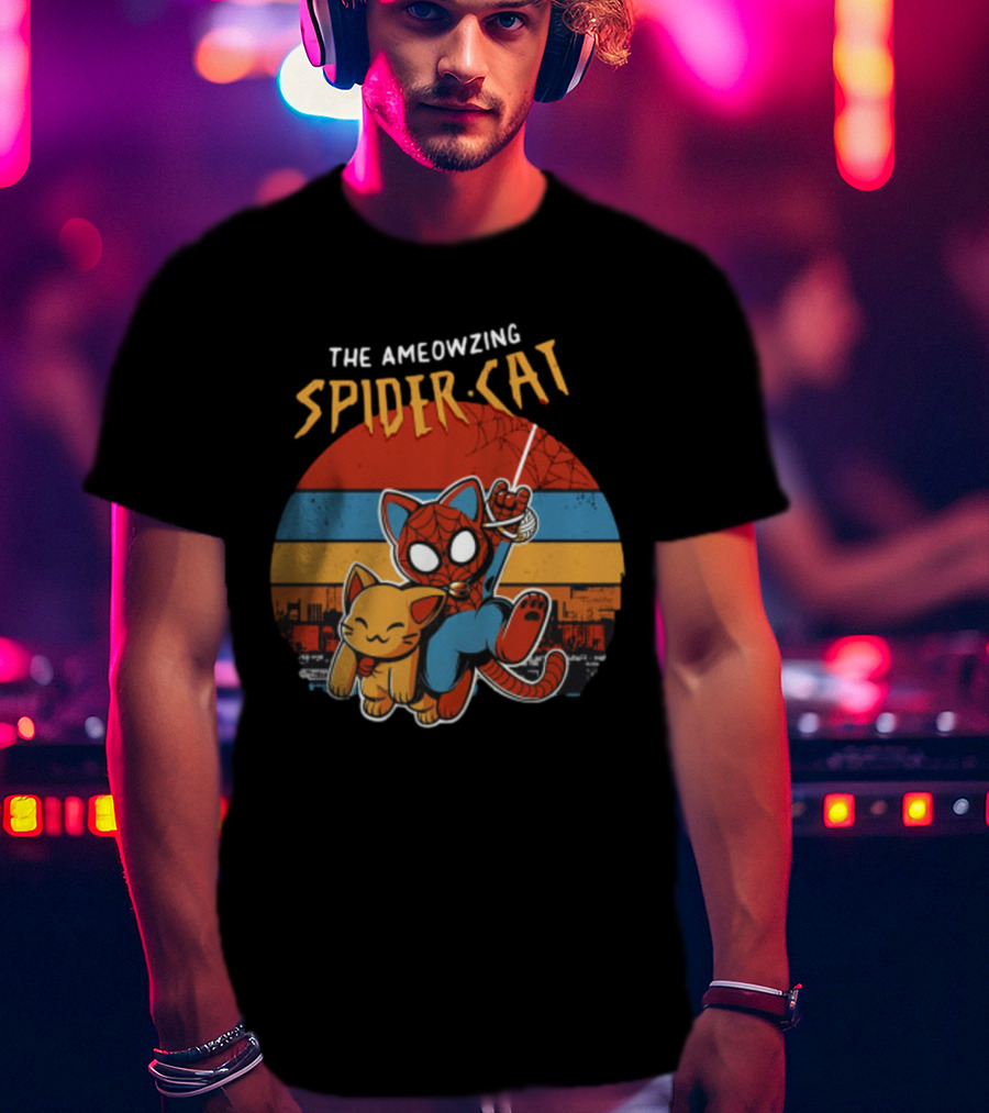 The Ameozing Spider Cat Retro Style Graphic With Web-Slinging Cat Superhero And Orange Cat Companion T-Shirt
