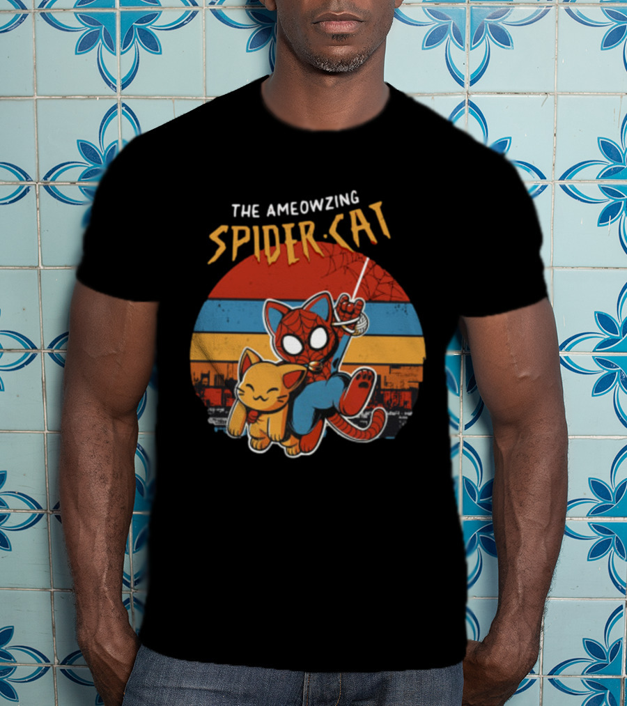 The Ameozing Spider Cat Retro Style Graphic With Web-Slinging Cat Superhero And Orange Cat Companion T-Shirt