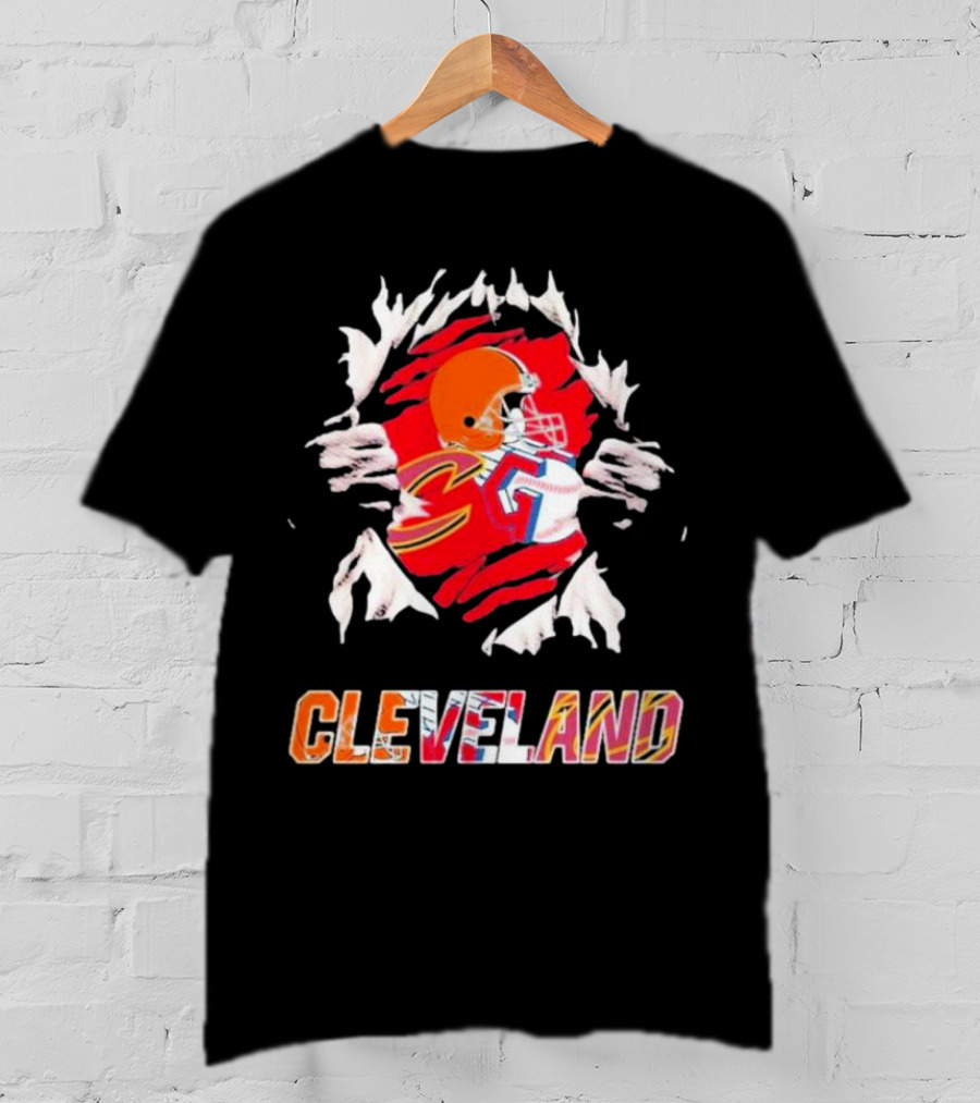 Cleveland Football Helmet And Jersey Inside Torn T-Shirt