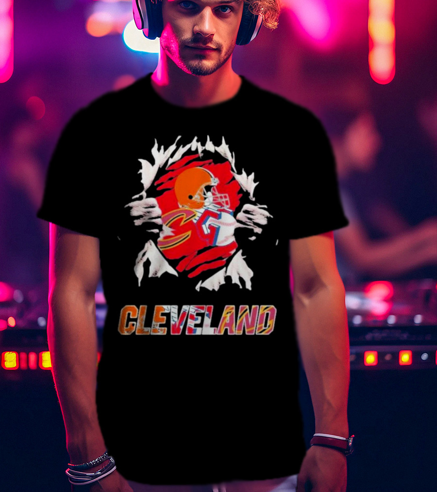 Cleveland Football Helmet And Jersey Inside Torn T-Shirt