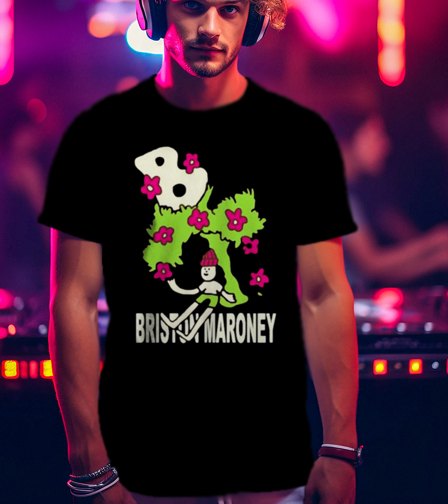 Briston Maroney Cartoon Character With Green Planet And Pink Flowers T-Shirt