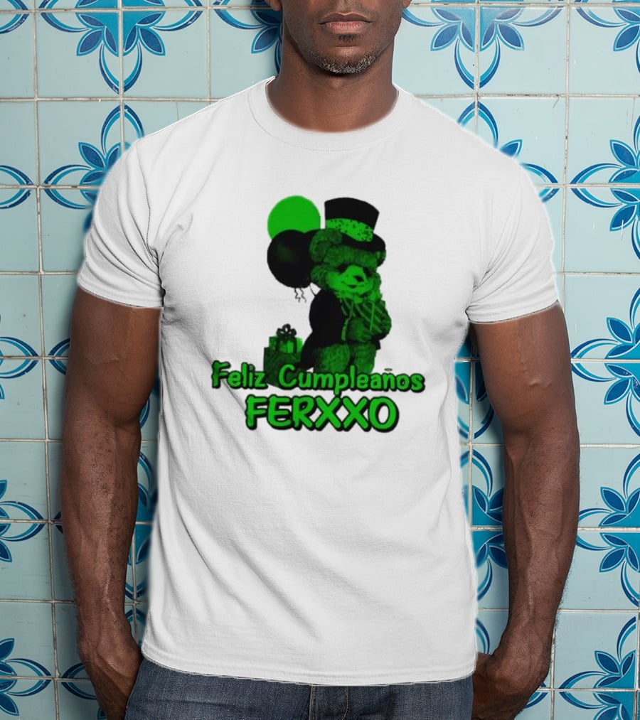 Feliz Cumpleaños Ferxxo Teddy Bear Green Balloons Black Top Hat T-Shirt