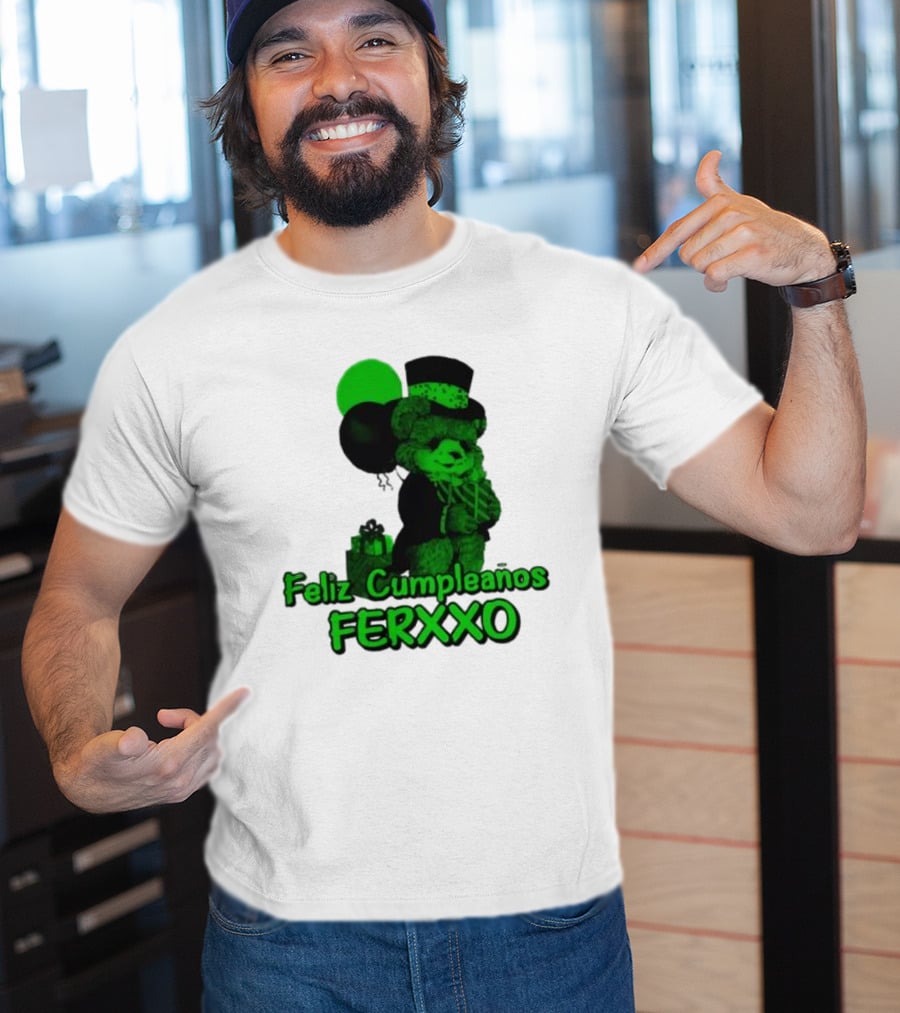 Feliz Cumpleaños Ferxxo Teddy Bear Green Balloons Black Top Hat T-Shirt