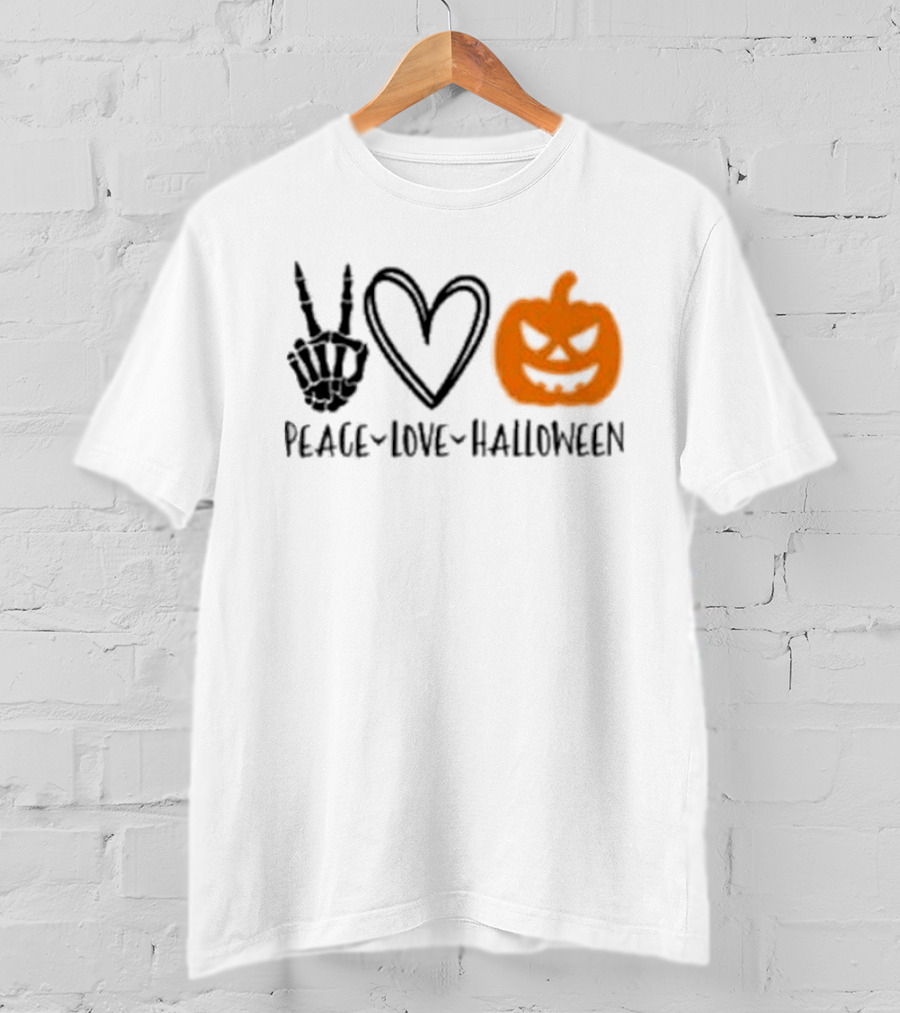 Peace Love Halloween Skeleton Hand Heart Pumpkin T-Shirt