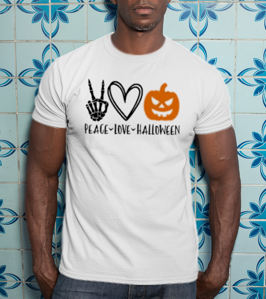Peace Love Halloween Skeleton Hand Heart Pumpkin T-Shirt