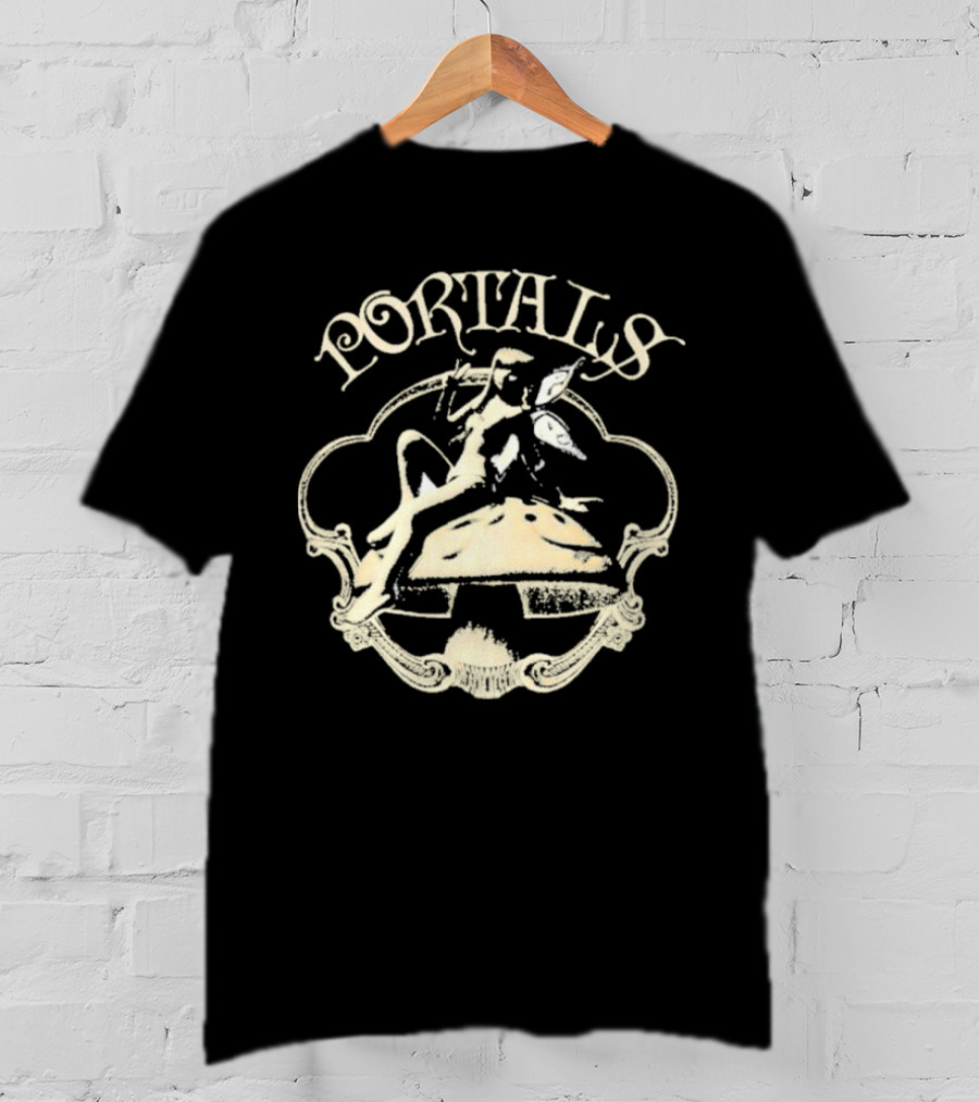 Portals Fairy Sitting On Mushroom With Wings And Scrollwork Elements T-Shirt