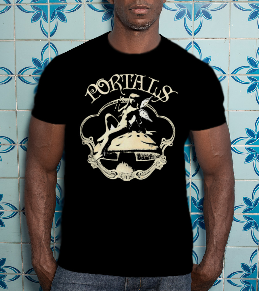 Portals Fairy Sitting On Mushroom With Wings And Scrollwork Elements T-Shirt