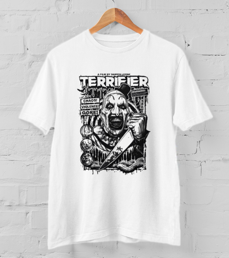 Terrifier Film Cover A Film By Damien Leone Clown Chaos Violence Gore Warning T-Shirt